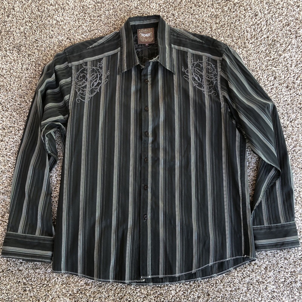 Roar Button Up Shirt Mens 2XL Striped Goth Grunge Embroidered Poly Long Sleeve